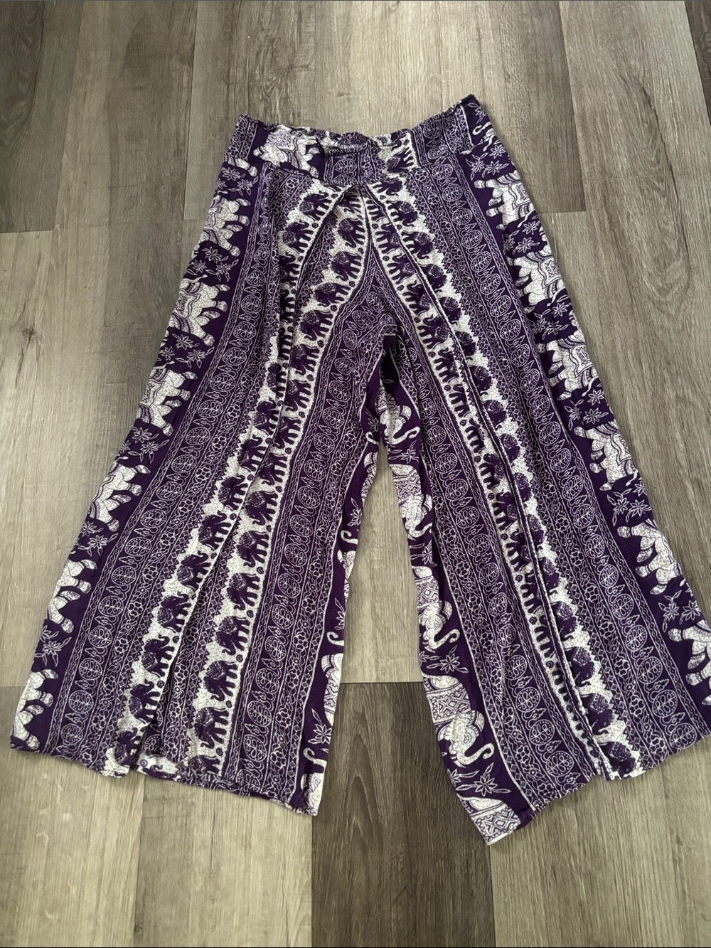 Bohemian Elephant Print Wide Leg Pants - Purple & White Handcraft in Thailand